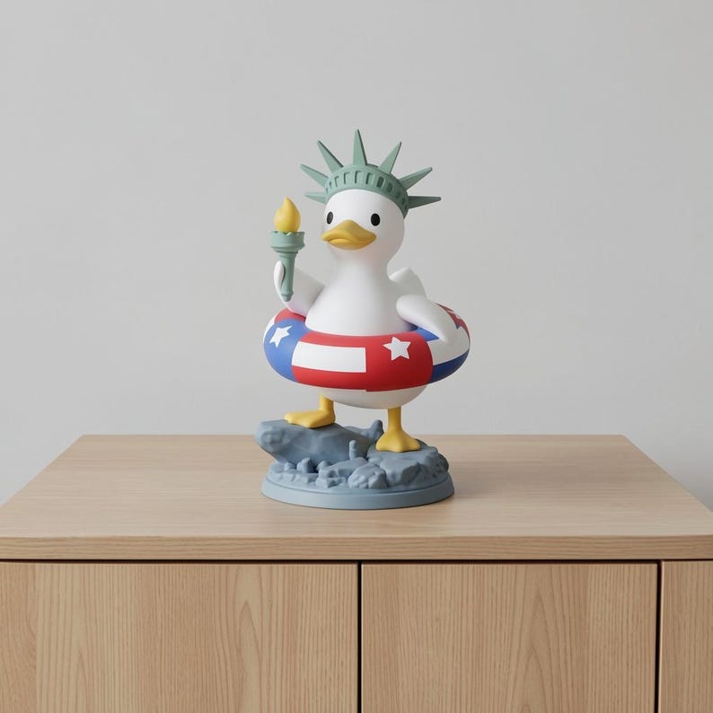 May include: A whimsical figurine of a white duck, adorned with a Statue of Liberty crown and holding a torch. It wears a red, white, and blue inflatable ring. The duck stands on a blue base, evoking a patriotic theme.