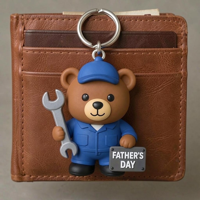 May include: A brown bear keychain wearing a blue cap and blue work uniform, holding a silver wrench in one hand and a gray sign that reads FATHER'S DAY in the other, attached to a silver metal ring resting on a brown leather bifold wallet.