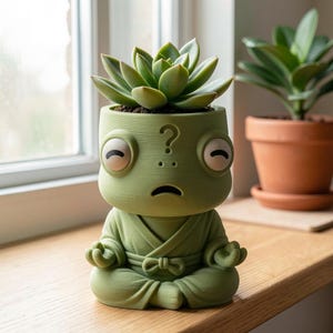 Pu&ograve; includere: Un vaso color verde chiaro a forma di rana seduta in posizione di meditazione a gambe incrociate. La rana presenta un punto interrogativo sulla fronte, occhi chiusi e una piccola bocca. Una pianta succulenta cresce dalla testa della rana.