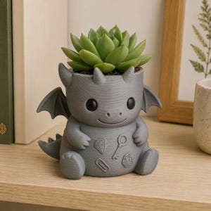 May include: A matte gray dragon-shaped planter holding a green succulent. The dragon figure features small wings, horns, and a tail, with embossed icons on its belly including a diamond, a key, a paperclip, and a twenty-sided die shape.