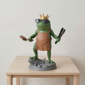 May include: A green frog figurine wearing sunglasses, a gold crown, and a brown apron. The frog holds a spatula with a burger and tongs. The figurine stands on a gray base, atop a light wood table.