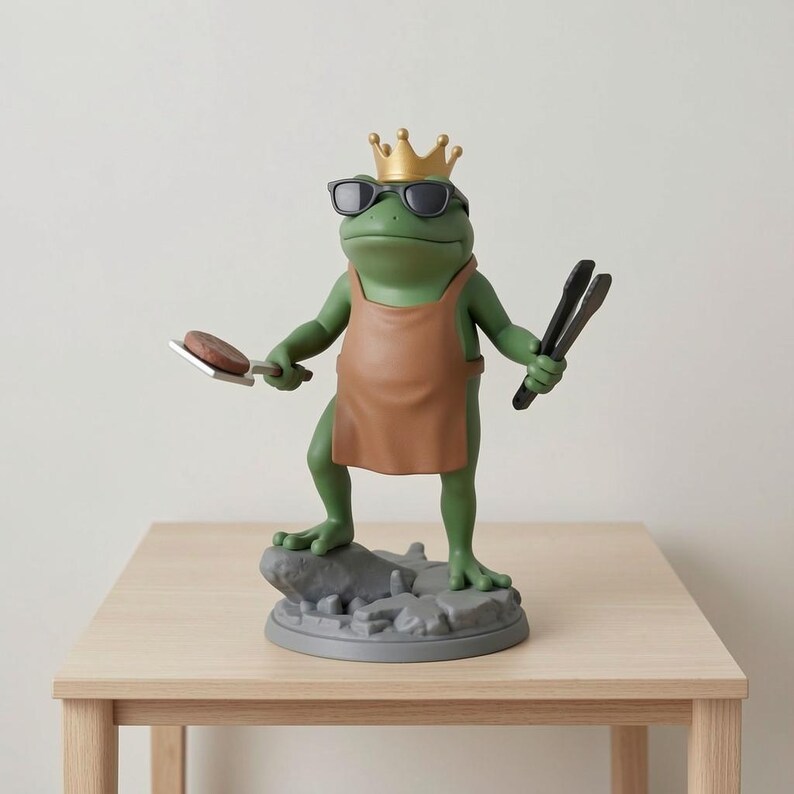 May include: A green frog figurine wearing sunglasses, a gold crown, and a brown apron. The frog holds a spatula with a burger and tongs. The figurine stands on a gray base, atop a light wood table.