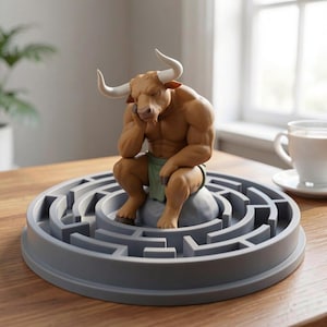 May include: A brown and tan Minotaur statue sits on a grey maze. The Minotaur rests his head on his hand, appearing contemplative. The statue has white horns and a green loincloth. The maze is circular and sits on a wooden surface.