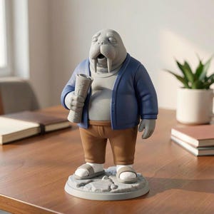 K&ouml;nnte beinhalten: Graue Walross-Figur mit blauem Cardigan, brauner Hose und Sandalen, die eine zusammengerollte Zeitung h&auml;lt. Die Figur steht auf einem grauen Sockel. Das Walross hat einen &uuml;berraschten Gesichtsausdruck.