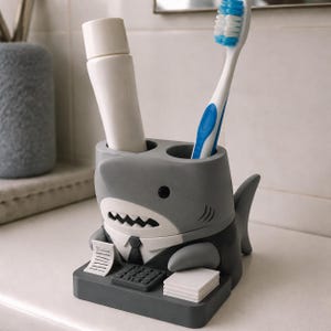 Peut inclure: Un porte-brosse &agrave; dents en forme de requin gris repr&eacute;sentant un requin portant un costume et une cravate noirs, assis &agrave; un bureau avec une calculatrice et des papiers. Il poss&egrave;de deux ouvertures circulaires contenant un tube blanc et une brosse &agrave; dents.
