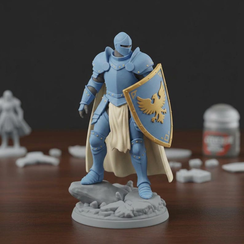May include: A light blue knight figurine with a gold and blue shield featuring an eagle design. The knight is wearing armor and a white cape, standing on a gray stone base. The figurine is likely for tabletop gaming or display.