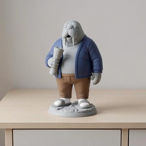 K&ouml;nnte beinhalten: Graue Walross-Figur mit blauer Jacke, wei&szlig;em Hemd und brauner Hose, die eine zusammengerollte Zeitung h&auml;lt. Das Walross steht auf einem grauen Sockel und tr&auml;gt wei&szlig;e Sandalen. Die Figur steht auf einer hellen Holzoberfl&auml;che.