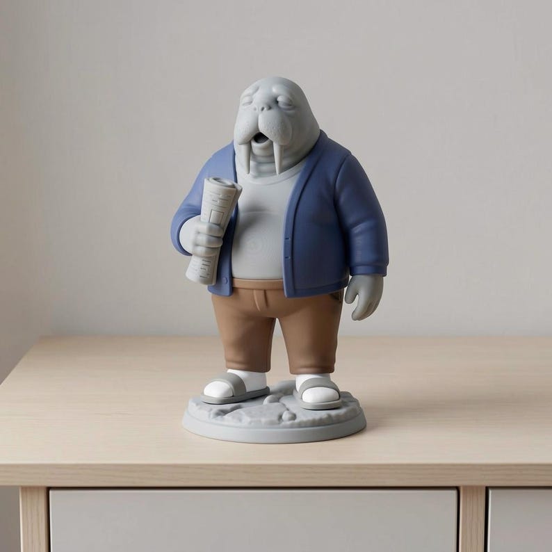 K&ouml;nnte beinhalten: Graue Walross-Figur mit blauer Jacke, wei&szlig;em Hemd und brauner Hose, die eine zusammengerollte Zeitung h&auml;lt. Das Walross steht auf einem grauen Sockel und tr&auml;gt wei&szlig;e Sandalen. Die Figur steht auf einer hellen Holzoberfl&auml;che.