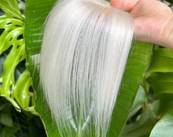 8" Silver White Human Hair Topper, Clip-In Crown Root Coverage Base