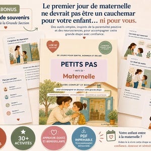 Puede incluir: Un libro titulado Petits Pas vers la Maternelle rodeado de tarjetas educativas y notas. La portada presenta una ilustración de un adulto y un niño. El texto incluye Le premier jour de maternelle ne devrait pas être un cauchemar.