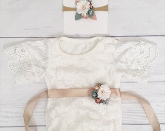 Boho White lace romper with sash and headband. Newborn coming home outfit, Boho 1st Birthday outfit, Cake Smash Outfit, Baby lace romper