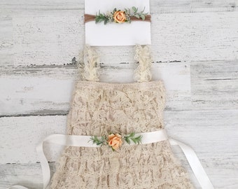 Baby girls lace dress-Fall dress-Holiday dress-thanksgiving outfit-champagne lace dress with sash and headband-boho lace dress-1st birthday