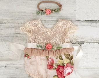 Boho Chic Blush ivory romper with sash and headband,Newborn baby coming home outfit,Baby girl clothes-1st Birthday outfit, Cake Smash Outfit
