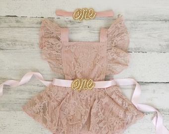 Boho 1st Birthday romper-Ivory Boho Lace Romper sash and Headband-Baby girls lace romper-Ivory-Cake Smash outfit-Baby Girl Clothes