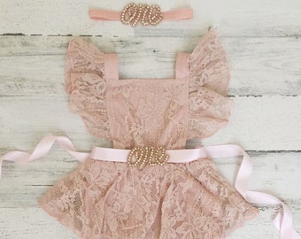 Boho 1st Birthday romper-vintage pink Boho Lace Romper sash Headband-Baby girls lace romper-dusty pink-Cake Smash outfit-Baby Girl Clothes