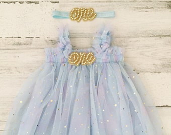 Blue pastel rainbow tulle dress-first birthday tutu dress-cake smash dress-baby dress with stars-1st birthday outfit-baby gift-rainbow