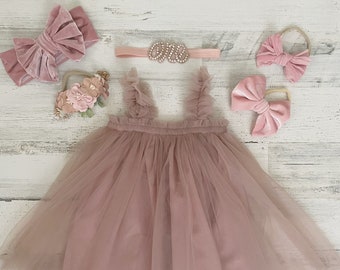 Baby girl tutu outfit-dusty rose tutu dress-boho cake smash outfit-baby gift gift-1st birthday outfit-baby dress-tulle dress in pink