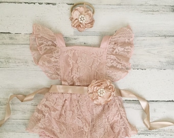 Dusty pink Boho Lace Romper Sash and Headband-Baby girls lace romper-vintage pink boho 1st Birthday romper