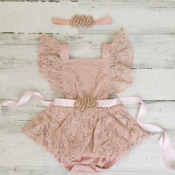 Boho 1st Birthday romper-vintage pink Boho Lace Romper sash Headband-Baby girls lace romper-dusty pink-Cake Smash outfit-Baby Girl Clothes