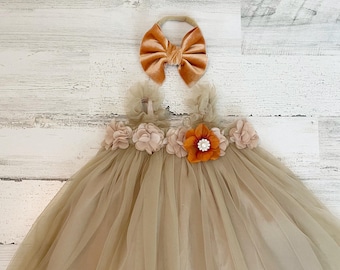 rustic baby girls pumpkin spice dress,1st birthday fall chic baby girls boho outfit, boho girl outfit,baby girl tan and orange dress