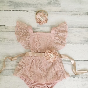 Dusty pink Boho Lace Romper Sash and Headband-Baby girls lace romper-vintage pink boho 1st Birthday romper