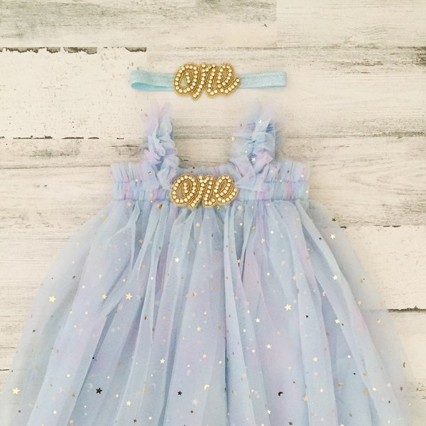 Blue pastel rainbow tulle dress-first birthday tutu dress-cake smash dress-baby dress with stars-1st birthday outfit-baby gift-rainbow