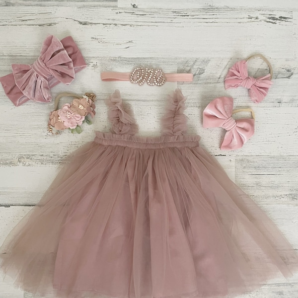 Baby girl tutu outfit-dusty rose tutu dress-boho cake smash outfit-baby gift gift-1st birthday outfit-baby dress-tulle dress in pink