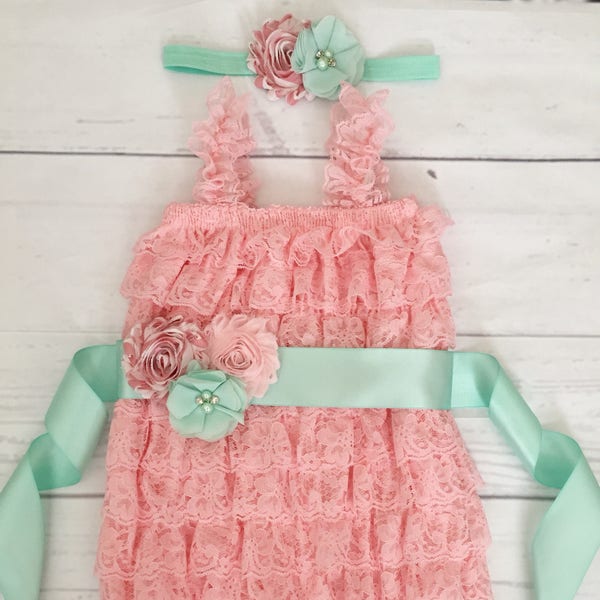 Baby girl romper set-pink and mint baby outfit-lace romper-cake smash outfit-photo prop-baby shower gift-1st birthday outfit girl-cake smash