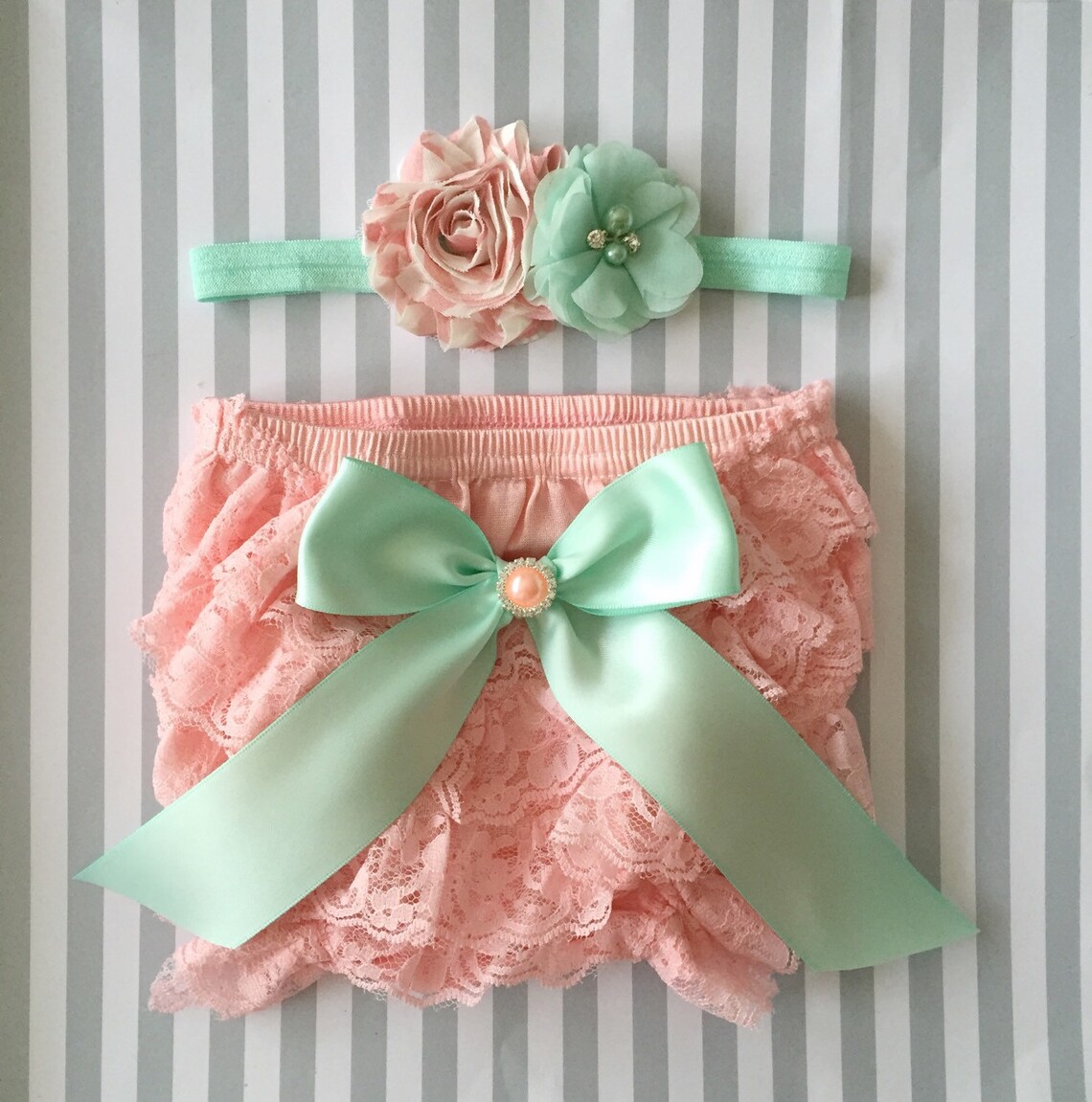 Baby girl bloomer setpink and mint baby outfitlace Etsy