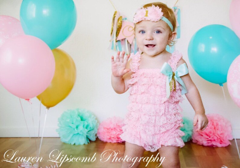 Baby Girl Lace romper-lavender aqua and gold 1st birthday outfit-purple and gold 1st birthday outfit-cake smash outfit-lavender lace romper