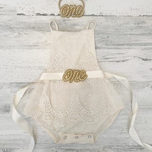 1st Birthday girl outfit-Rose Gold Ivory Boho Lace Romper sash and Headband-Baby girls lace romper-Ivory-Cake Smash outfit-Baby Girl Clothes
