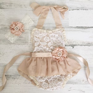 Tan Ivory Boho Lace Romper Sash and Headband-Baby girls lace romper-Ivory boho 1st Birthday romper