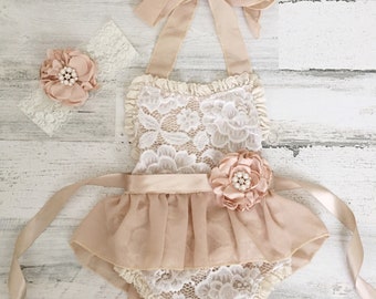 Tan Ivory Boho Lace Romper Sash and Headband-Baby girls lace romper-Ivory boho 1st Birthday romper