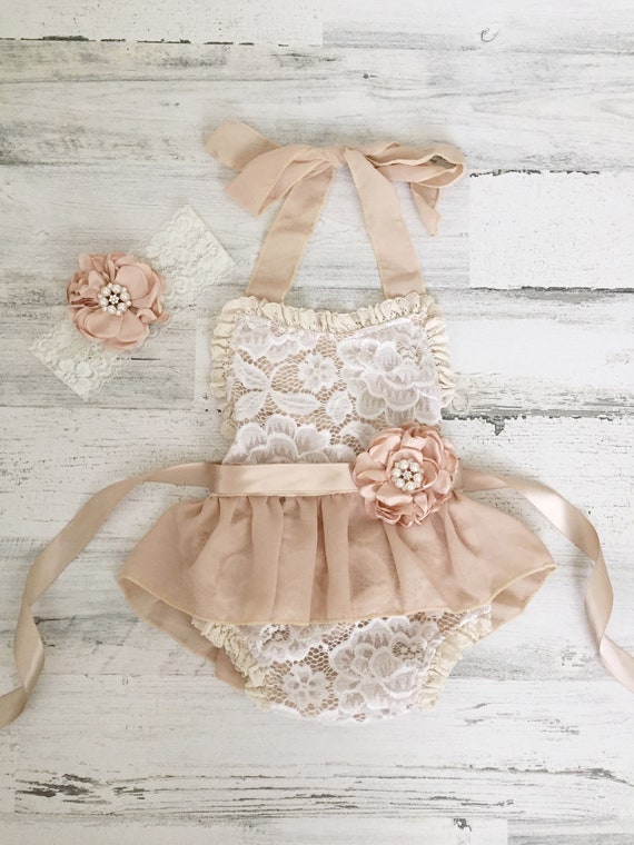 pijpleiding Metropolitan leer Tan Ivory Boho Lace Romper Sash and Headband-baby Girls Lace - Etsy