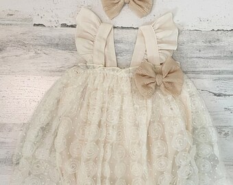 Conjunto de pelele de bebé con roseta color marfil y diadema con lazo, vestido de bebé, regalo