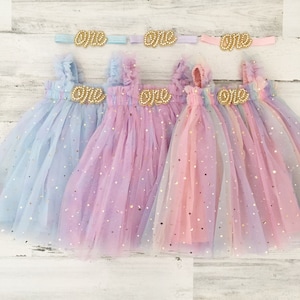 Conjunto de tutú para niña para su primer cumpleaños: vestido de tutú arcoíris pastel, atuendo bohemio para fiesta de cumpleaños, regalo para su primer cumpleaños, vestido brillante para su primer cumpleaños.