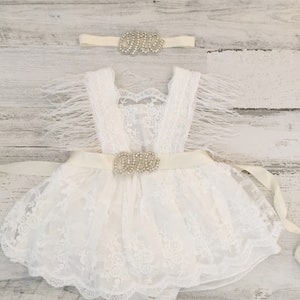 Boho 1st Birthday outfit-white Boho Lace Romper sash and Headband-Baby girls lace romper-Cake Smash outfit-Baby Girl Clothes-Birthday dress