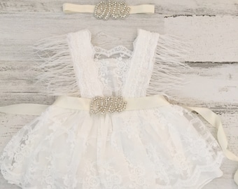 Boho 1st Birthday outfit-white Boho Lace Romper sash and Headband-Baby girls lace romper-Cake Smash outfit-Baby Girl Clothes-Birthday dress