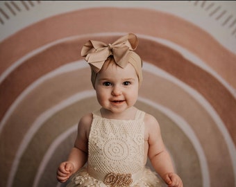 Ropa de niña-Boho 1er cumpleaños romper-Marfil Boho Lace Romper faja y diadema-Un traje de cumpleaños-Marfil-Cake Smash traje-