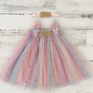 Baby girl rainbow tulle dress-first birthday tutu dress-cake smash dress-baby dress with stars-1st birthday outfit-baby gift-rainbow dress