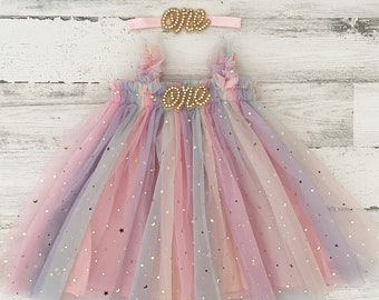 Baby girl rainbow tulle dress-first birthday tutu dress-cake smash dress-baby dress with stars-1st birthday outfit-baby gift-rainbow dress