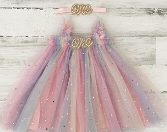 Baby girl rainbow tulle dress-first birthday tutu dress-cake smash dress-baby dress with stars-1st birthday outfit-baby gift-rainbow dress