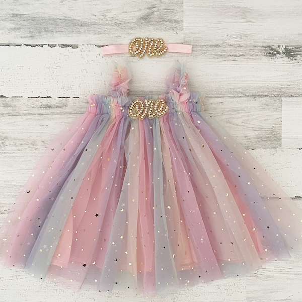 Baby girl rainbow tulle dress-first birthday tutu dress-cake smash dress-baby dress with stars-1st birthday outfit-baby gift-rainbow dress