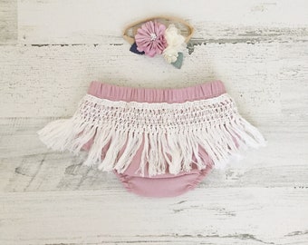 Boho baby clothes-Boho bloomers and matching headband set-Fringe Boho Diaper Cover set-boho cake smash bloomers-1st birthday girls outfit