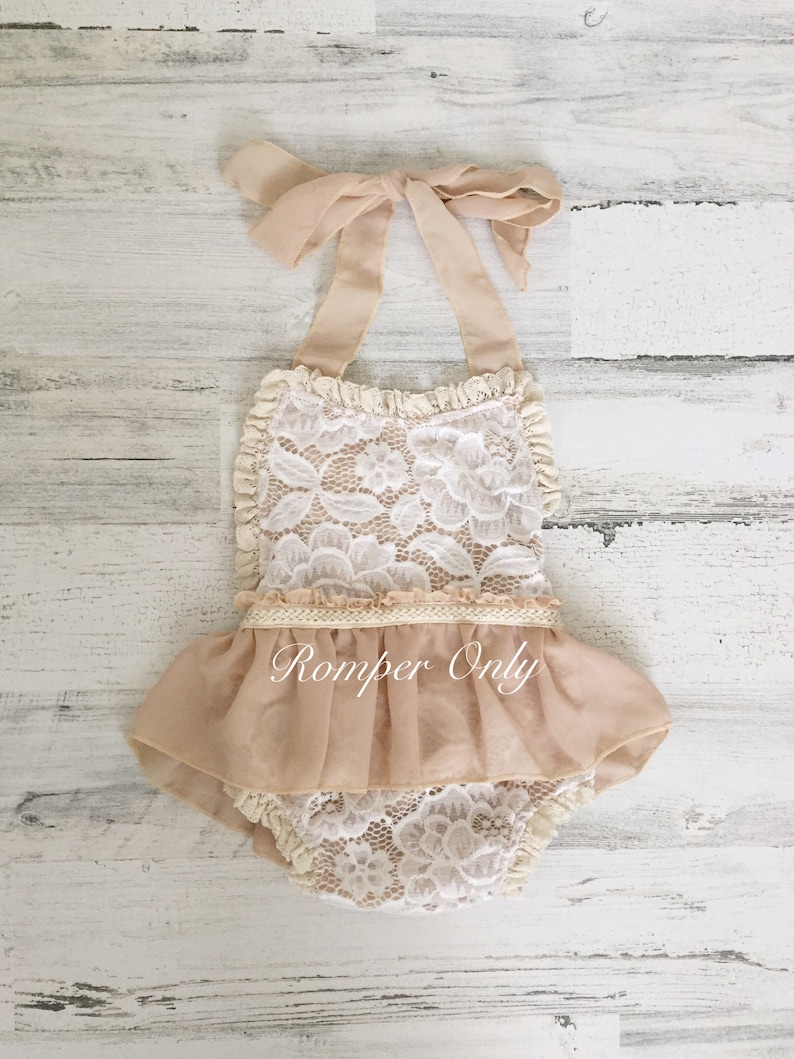 Tan Ivory Boho Lace Romper Sash and Headband-Baby girls lace romper-Ivory boho 1st Birthday romper image 5