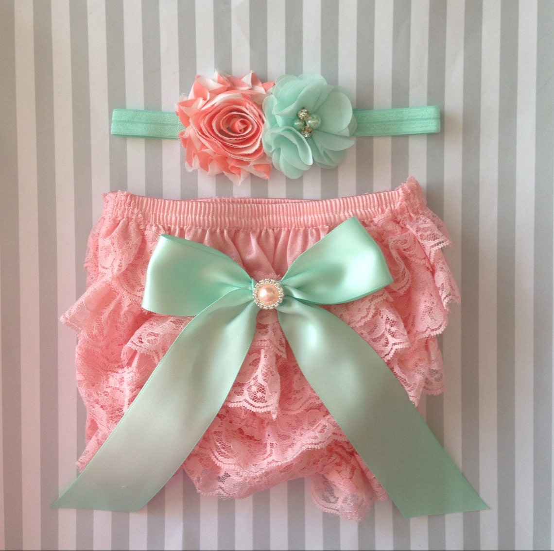 Baby girl bloomer setpink and mint baby outfitlace Etsy