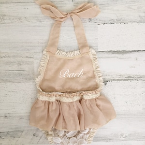 Tan Ivory Boho Lace Romper Sash and Headband-Baby girls lace romper-Ivory boho 1st Birthday romper image 4