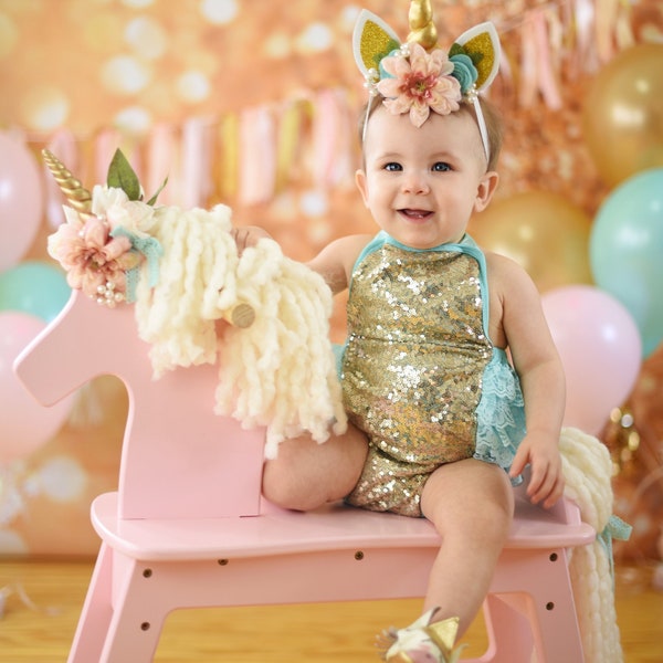 Baby girl clothing-baby girl romper-bubble romper-ruffle romper-1st birthday romper-aqua romper-gold romper-birthday outfit-cake smash