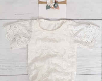 Lace baby romper- boho baby romper-baby clothes-lace bodysuit for baby-lace leotard-bell sleeve baby romper-boho baby birthday outfit