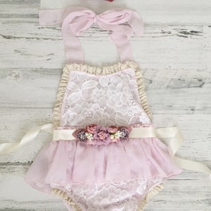 Light Pink and Ivory Boho Lace Romper Sash and Headband-Baby girls lace romper-Ivory boho 1st Birthday romper